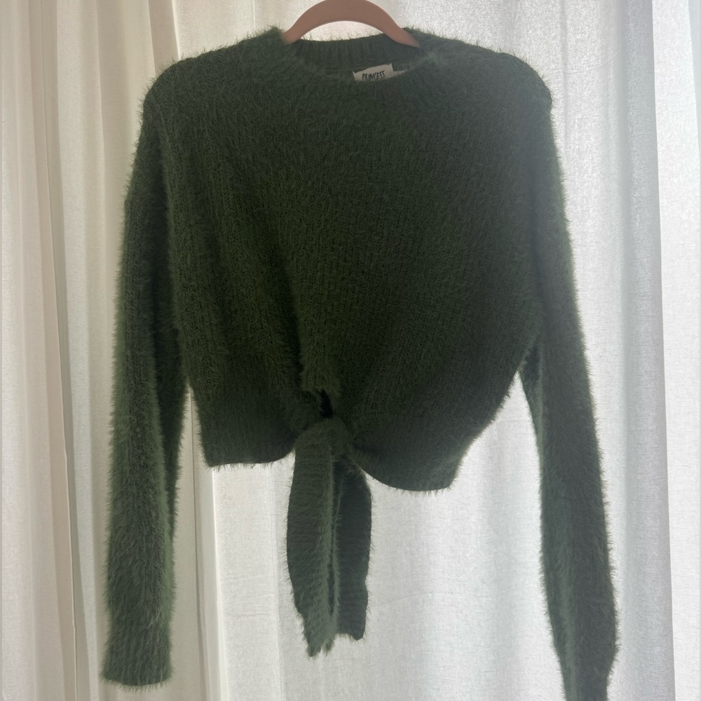 Princess Polly Fuzzy Front-Tie Cropped Sweater - Sage Green